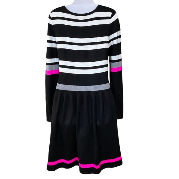 Vince Camuto Long Sleeve Black White Pink Striped Sweater Dress Fit n Flare S - Picture 3 of 6